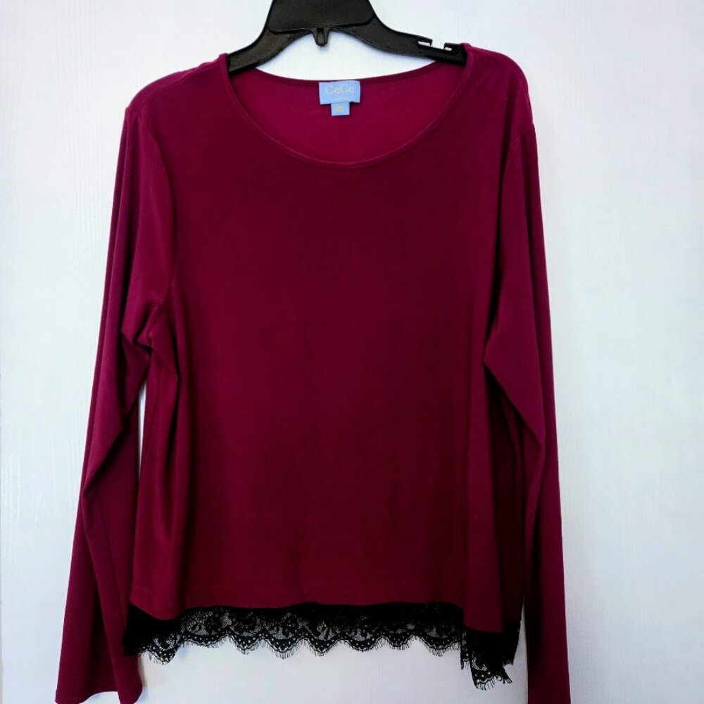 CeCe SZ XL Long Sleeve Lace-Hem Tunic in Deep Berry Magenta Shade Stretch